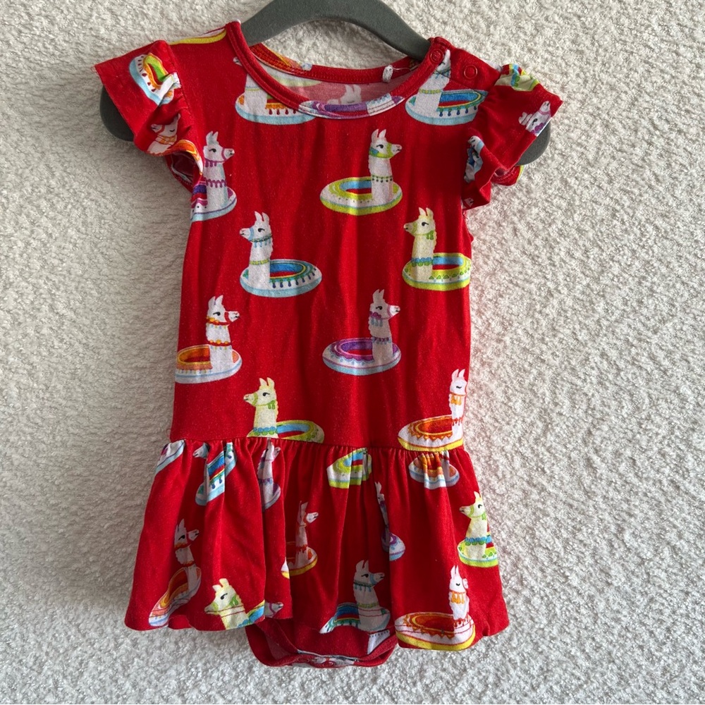 Posh Peanut Llama Emilio‎ Pool Float Red Dress Bodysuit Bamboo Size 12-18 Months